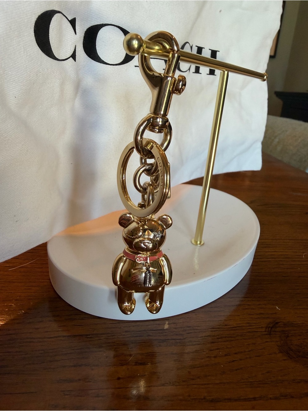 Coach Gold Teddy Bear Key Ring with Pink Collar Accent